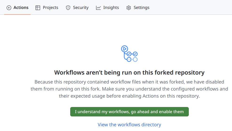 Screenshot of the GitHub actions tab with the enable workflows button