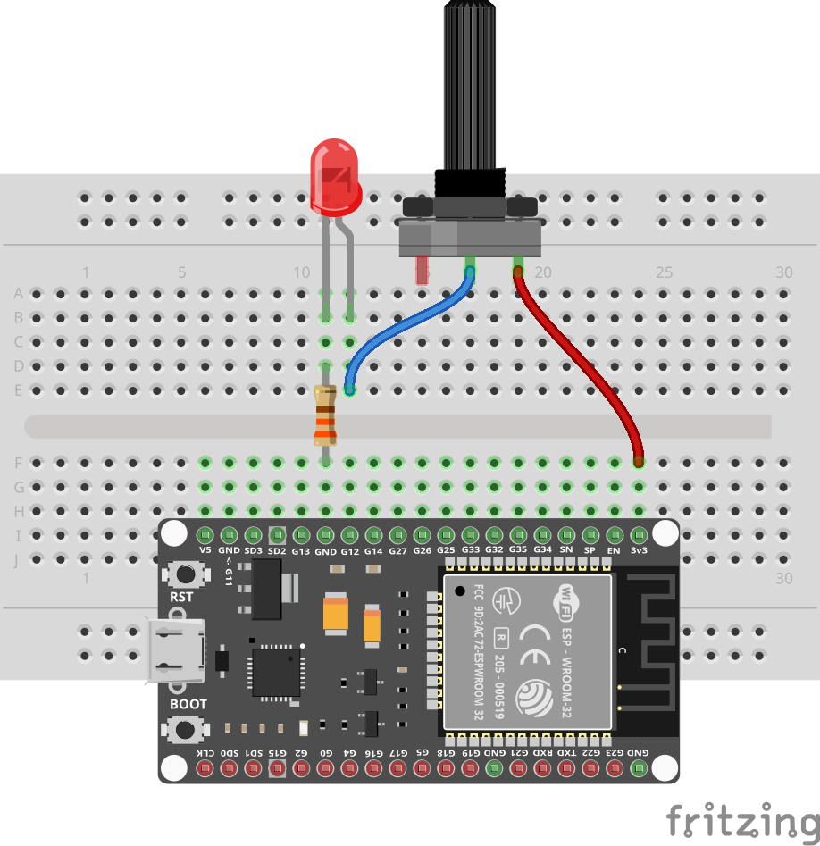 Wiring diagram for a potentiometer and an LED