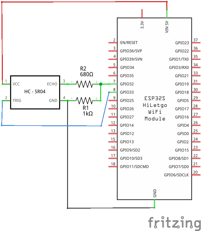 HC-SR04 schematics with a voltage divider