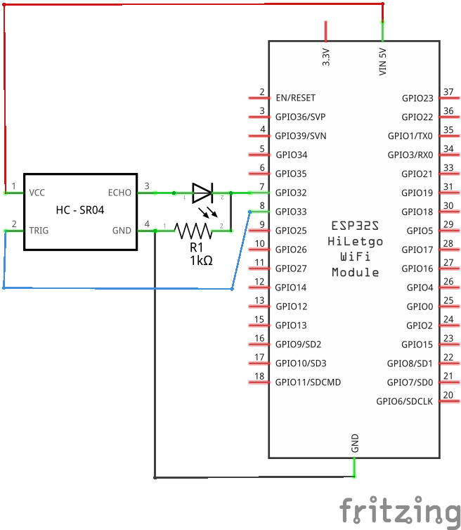 HC-SR04 schematics with an LED