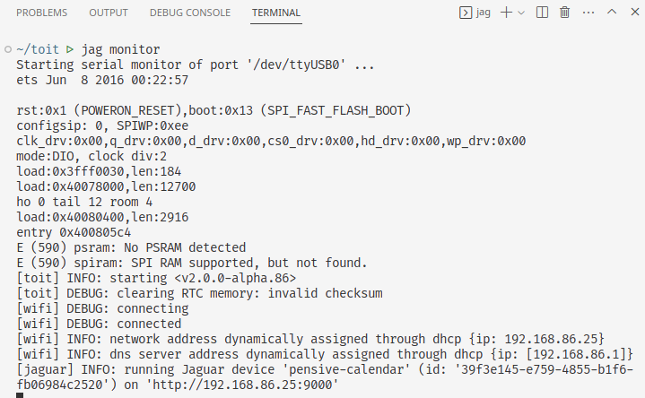 Screenshot of the jag monitor command showing the output of the device